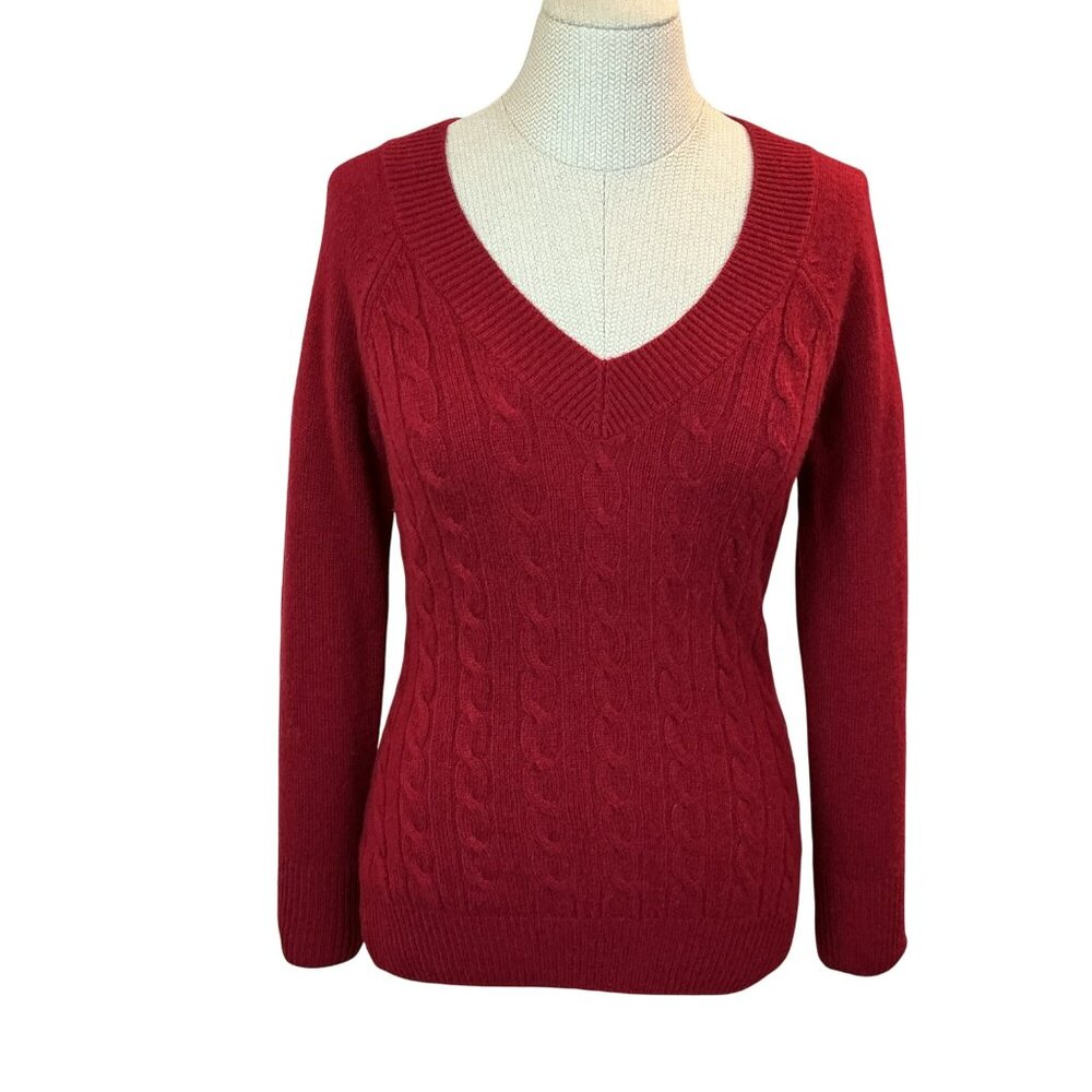 Caslon Petite M Red V-Neck Cable Knit Sweater 100% Cashmere Long Sleeve - Picture 2 of 10